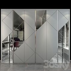 an office with mirrored doors and chairs in it