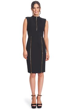 Explore the adaptability & versatility of our Just Zip It Dress. Boasting exposed functional gold zippers, this multipurpose LBD allows you to dictate the direction of your style. Crafted from stretch poly crepe, this midi dress showcases 1/4" thick shoulder pads and numerous functional zippers, including along the center back, front bodice, and skirt front princess seams. With the option to zip it closed for a more modest appearance, unzip it for a more alluring look, or find a middle ground. Y Gold Midi Dress For Workwear, Trans Outfit, Mandarin Dress, Mermaid Midi Dress, Bianca Dress, Ponte Dress, Plain Dress, Zip Dress, Sleeveless Midi Dress