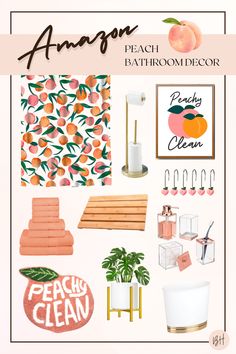 the peach bathroom decor is displayed on a white background with oranges and pink accents