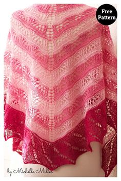 a pink knitted shawl is shown with the text, free pattern on it