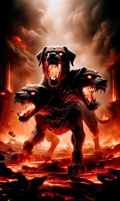 Cerebus Dog Greek Mythology, Cerberus Doberman, Cerberus Tattoo Design, Cerberus Design, Cerberus Tattoo, Cerberus Art, Horror Artwork Illustrations, Greek Monsters, Greek Mythology Statue