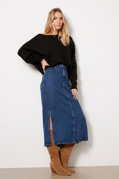 This chic denim skirt by 7 For All Mankind will instantly elevate your wardrobe, crafted in lyocell denim fabric with a medium blue wash, 5-pocket styling, and slits at both sides. Pair it with everything from a sweater and boots to a graphic tee and sneakers. Autumn Fashion Work, Long Jean Skirt, Big Girl Fashion, Denim Chic, Brand Style Guide, Denim Maxi Skirt, Long Jeans, Sweater Boots, Denim Branding