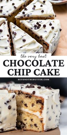 the very best chocolate chip cake with white frosting and chocolate chips is cut in half