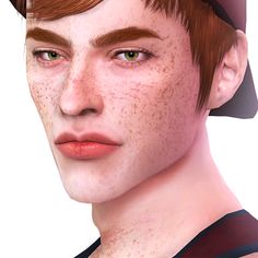 an animated image of a man with freckles on his face and hair, wearing a hat