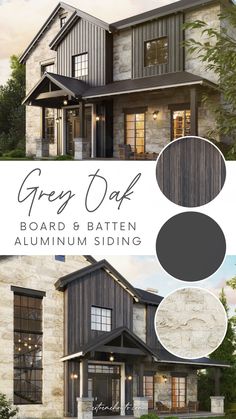 the front and back side of a house with text overlaying it that says grey oak, board & batten aluminum siding