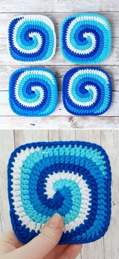 crocheted coasters made with blue and white yarn are shown in the shape of a spiral