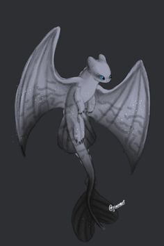 a white dragon with blue eyes flying through the air on a black background in low light