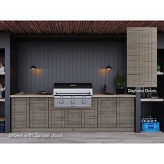 an outdoor kitchen with built - in grill and shelving units on the side wall