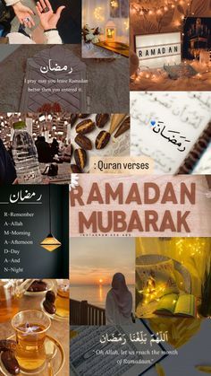 collage of images with arabic writing and pictures in the middle one has an open book