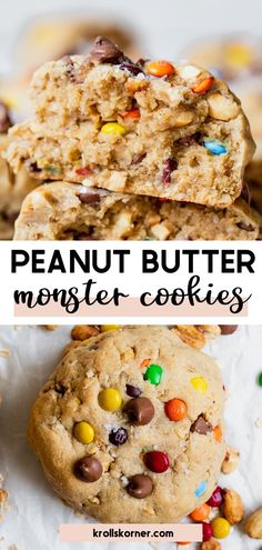 cookies with M&Ms and chocolate chips made with peanut butter Peanut Butter Monster Cookies, Smooth Peanut Butter, Peanut Butter Cup Cookies, Gourmet Cookies, Dessert Dips, Quick Oats, Natural Peanut Butter, Chewy Cookie, Baking Flour