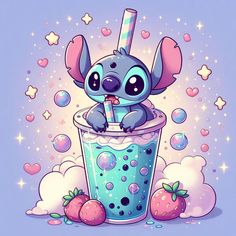 a cartoon character in a bubble milkshake with strawberries