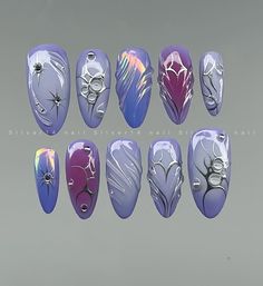 Add a touch of whimsy to your Halloween look with these witch-inspired nails. Adorned with shimmering crystals, these nails are perfect for anyone looking to add a bit of magic to their manicure. Arcane Acrylic Nails, Jinx Themed Nails, Nail Ideas Builder Gel, Arcane Inspo Nails, Hexcore Nails Arcane, Hextech Nails, Chase Atlantic Inspired Nails, Arcane Nail Art, Arcane Themed Nails