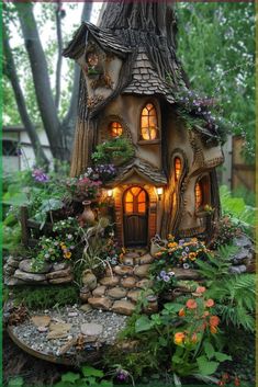 a fairy house is lit up in the garden with flowers and plants around it's base