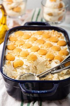 a casserole dish filled with ice cream and crackers