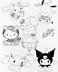 an image of some cute animals in black and white ink on paper, with the words hello kitty written below it