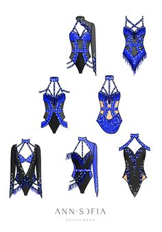 six blue and black leotards with fringes on them, all in different styles