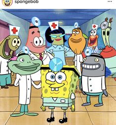 cartoon characters standing in a hospital hallway