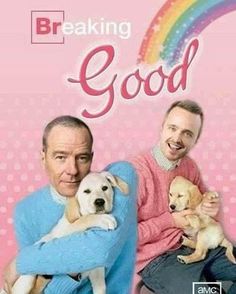 two men sitting on a couch holding puppies in front of a pink background with the words breaking good