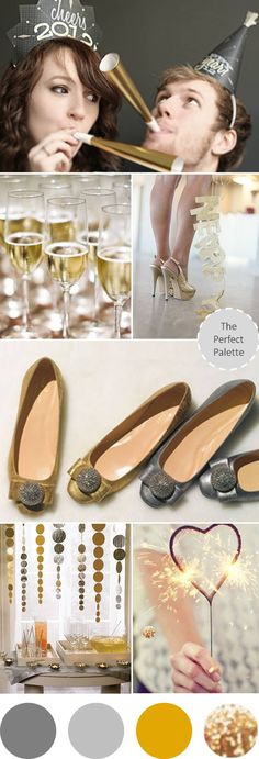 a collage of photos with champagne, shoes and party hats on top of each other