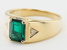 1.91ct Rectangular Octagonal Lab Created Emerald And 0.03ctw Diamond Accent 18k Yellow Gold Over Sterling Silver Men's Ring. Measures Approximately 0.62"L x 0.39"W. Not Sizeable. Emerald Green Male Ring, Tension Ring, Emerald Ring Gold, Sterling Silver Mens Rings, Lab Created Emerald, Green Gems, Mens Silver Rings, Mens Ring, Sterling Silver Mens