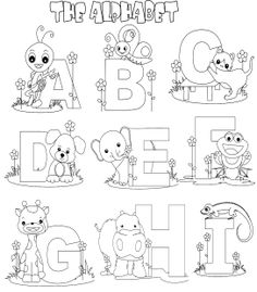 the alphabet with animals and letters coloring pages for kids to print out, including an animal letter