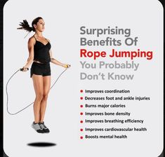 a woman jumping with a jump rope in her hand and the words surprising benefits of rope jumping you probably don't know