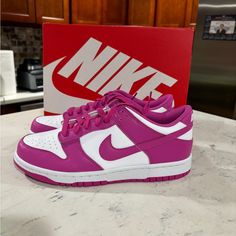 Nike Dunk Low Active Fuchsia Pink White Shoes Fj0704-100 (Gs) Brand New 100% Authentic! Pink Skate Shoes With Rubber Sole And Round Toe, Sporty Pink Slip-on Skate Shoes, Pink High-top Skate Shoes With Cushioned Footbed, Nike Low-top Pink Skate Shoes, Pink Skate Shoes With Cushioned Footbed, Pink Slip-on Custom Sneakers With Rubber Sole, Nike Pink Skate Shoes For Sports, Pink Nike Skate Shoes For Sports, Pink Skate Shoes With Cushioned Footbed For Sports