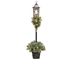 two potted plants with lights on them are sitting in front of a lamp post