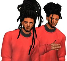 two men with dreadlocks standing next to each other in front of a white background