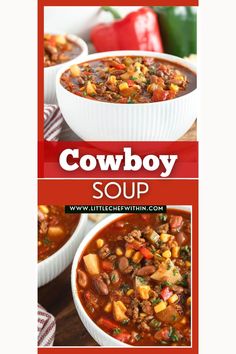 cowboy soup is shown in three different bowls, with the title above it and below