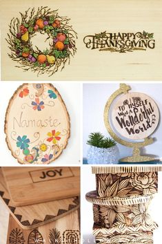 wooden stamps and other decorative items are featured in this collage with the words happy thanksgiving written on them