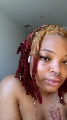 #blondelocs #ombrehaircolor #locs Red Ombre Locs Black Women, Loc Hair Color Ideas Brown Skin, Two Color Locs, Burgundy And Blonde Locs, Red And Blonde Dreads, Blonde Roots Red Ends, Reverse Dyed Locs, Reverse Ombre Locs, Cherry Red Locs