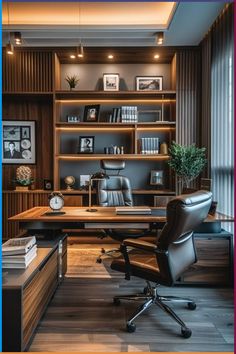 an office with a desk, chair and bookshelf in the middle of it