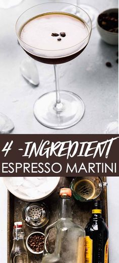 the ingredients for an espresso martini are shown in three separate glasses and on top of each other