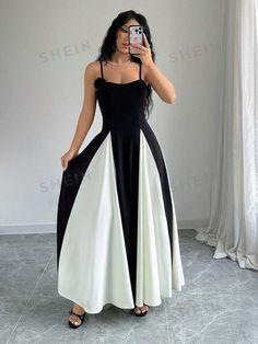 SHEIN Privé Colorblock Spaghetti Strap Long Dress | SHEIN USA Black And White Elegant Dress, White Elegant Dress, Women Maxi Dresses, Black And White Dress, Women Maxi, Black N White Dress, Women Long Dresses, Womens Maxi Dresses, Elegant Dress