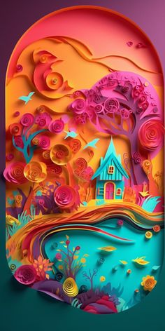 an abstract paper cut landscape with houses and trees in the distance, surrounded by colorful flowers