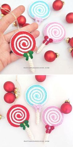 two pictures of candy lollipops with christmas ornaments in the background and on top