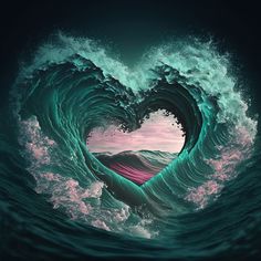 a heart shaped wave in the ocean with pink and blue waves coming out of it