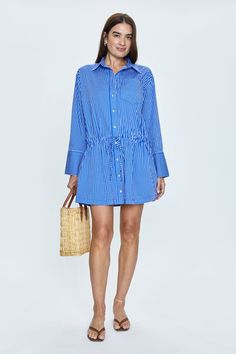 Lucinda Dress - Ultramarine Stripe Button-up Shirt Dress With Tie Fastening For Daywear, Tie Fastening Button-up Shirt Dress For Daywear, Spring Button-up Shirt Dress With Tie Fastening, Casual Long Sleeve Shirt Dress With Tie Waist, Long Sleeve Dress With Tie Fastening For Day Out, Casual Long Sleeve Shirt Dress With Tie Fastening, Spring Dresses With Drawstring Tie For Daywear, Cotton Long Sleeve Shirt Dress With Tie Waist, Cotton Shirt Dress With Tie Waist And Long Sleeves