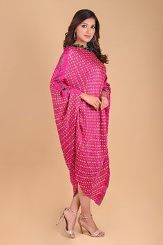 Fuchsia pink inverted triangle dress featuring tassel and coin embellishments on the neckline, Fit: Relaxed Bandhani Print Dress, Triangle Dress, Bandhani Print, Inverted Triangle, Fuchsia Pink, Full Sleeves, Aza Fashion, Dress For Women, Women Dresses