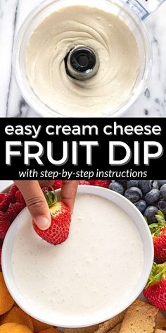 a person dipping fruit into a bowl with crackers and strawberries on the side