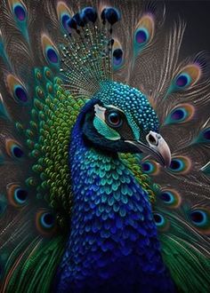 a peacock with its feathers spread out and it's eyes open, in front of a black background