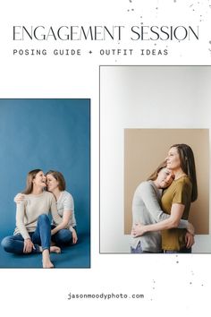 an image of two women hugging each other and the words engagement session written below them