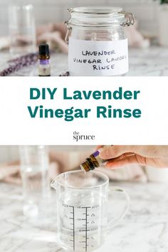 a glass measuring cup filled with liquid and labeled diy lavender vinegar rinse