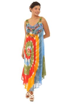 Beat the heat with this Boho multi-color spiral tie-dye dress. Nothing says gorgeous like this 100% rayon dress. Embroidered Neckline, modern effect make it easy to wear. It is a casual A-line dress. If you’re hitting the beach, going to brunch, traveling to a tropical destination, or just going on a shopping trip around the block, this dress is certainly for you. Spiral Tie-Dye Straps with embroidery Sleeveless A Relaxed, Comfy & Soft Dress Perfect For Everyday Wear Fabric Content:100%Rayon Mac Long Sundress, Spiral Tie Dye, Soft Dress, Dye Dress, Embroidered Neckline, Rayon Dress, Tie Dye Dress, Beat The Heat