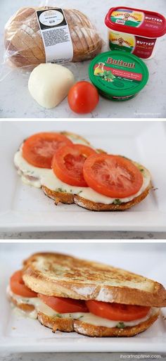 two pictures of sandwiches with tomatoes, cheese and bread on the side next to each other