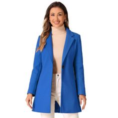 This coat is sure to bring a chic look to your style. This lightweight construction provides a comfortable layer, while details such as seam pockets and a one-button closure create a classic look. Vintage details are softened by a notched lapel and one button closure. Style this coat with jeans and a knit top. A solid color keeps this piece perfectly sophisticated, and a longer length hits at the thigh for a dramatic touch. Classic Coats, Long Length, Chic Woman, Blue Sea, Classic Looks, Knit Top, Coats Jackets, Solid Color, Top Outfits