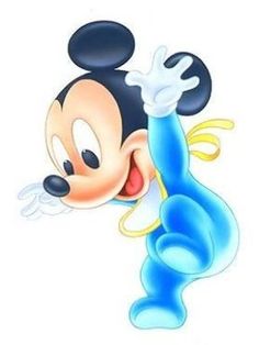 a cartoon mickey mouse with his arms in the air and pointing at it's head