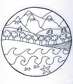 a drawing of mountains and trees in a circle