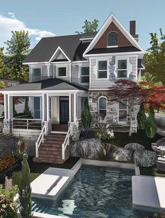 an artist's rendering of a house with a pool in the front yard and steps leading up to it